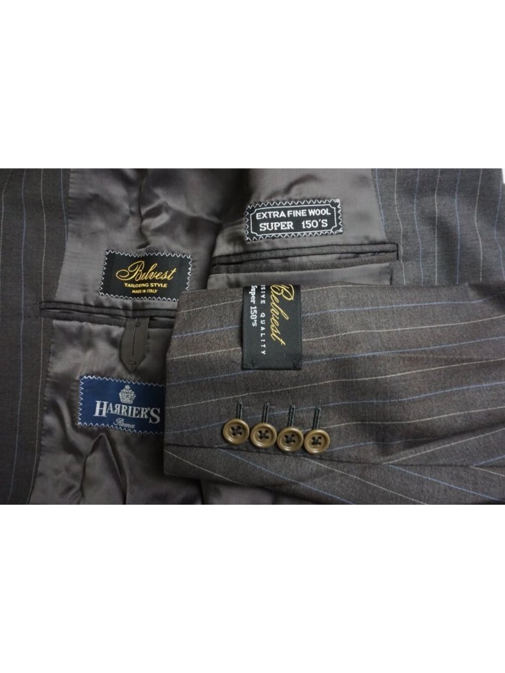 Belvest Gray Blue Beige Striped 150s Wool 2 Pc Suit Jacket Pants 46R Brand New